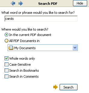 PDF search window pane