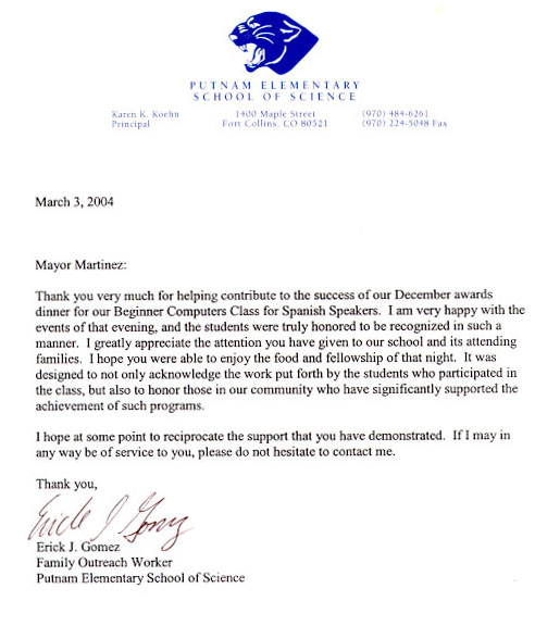 Thank-you letter to Mayor Martinez from Putnam Elementary School