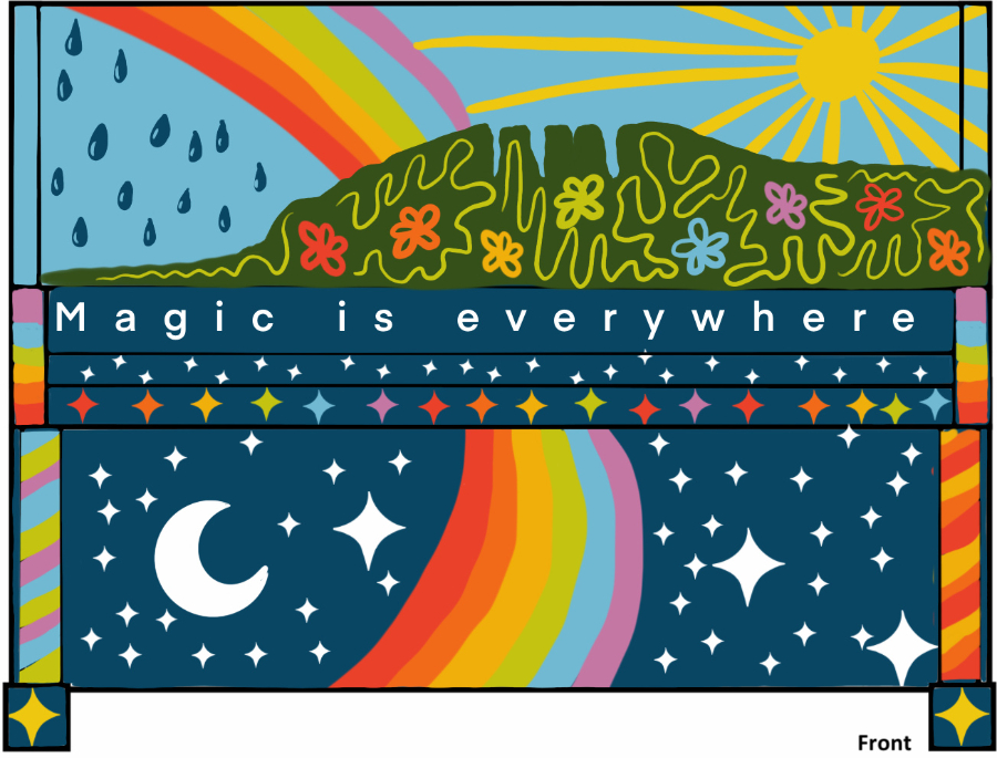 Theo Altmaier's piano mural design featuring a rainbow and Horsetooth Rock with text