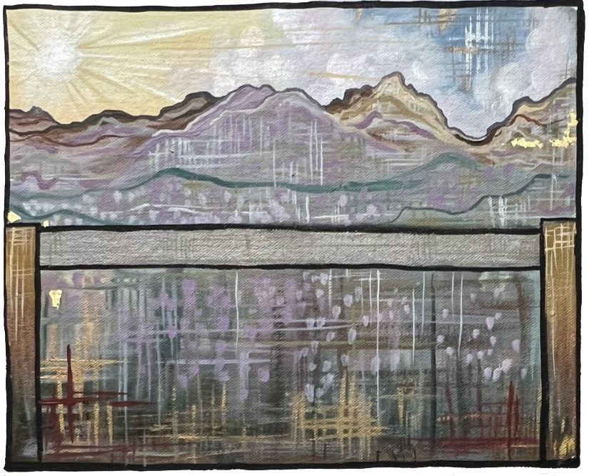 Nicole Clemens' piano mural design featuring a mountain view.
