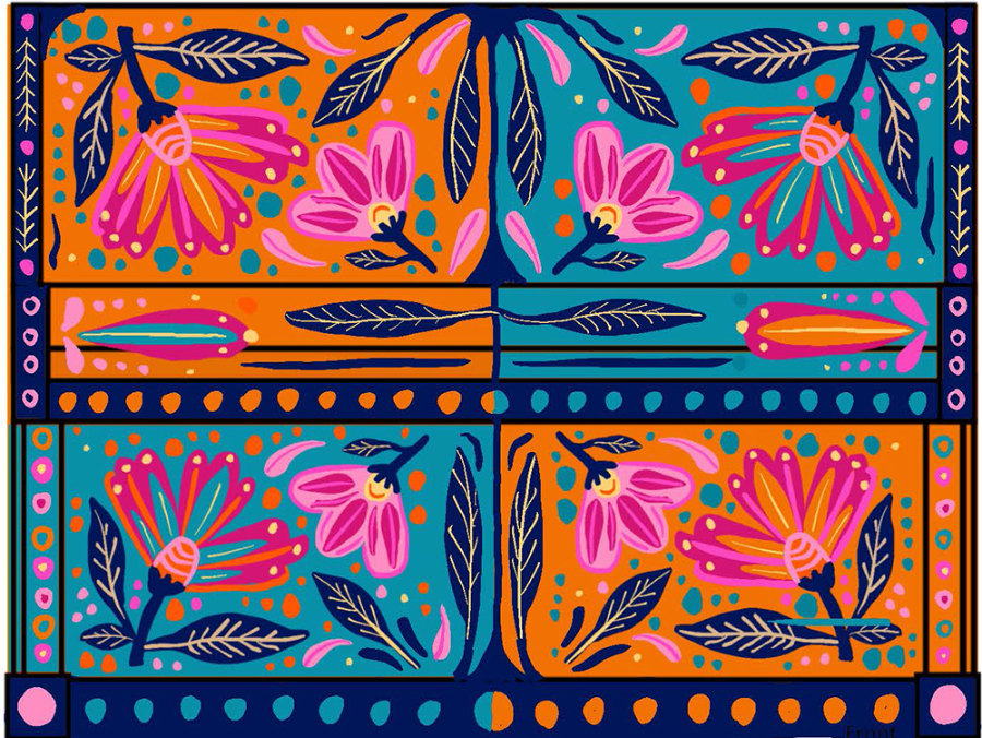 Chloe Cochran's piano mural design featuring a pattern of wild flowers