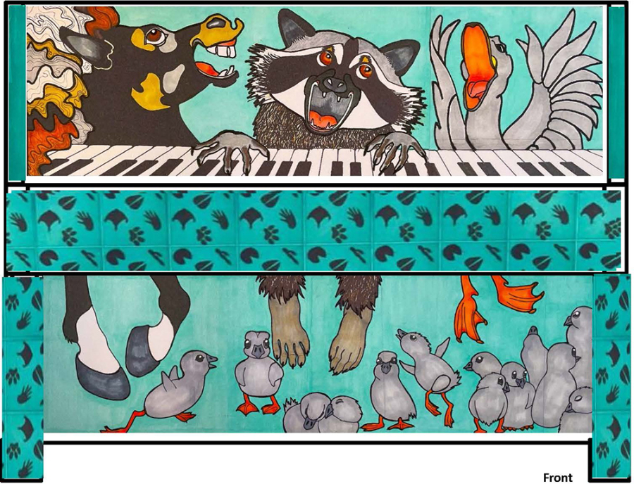 Janet Gilliland's piano mural design featuring a horse a racoon and a duck playing a piano with ducklings underneath