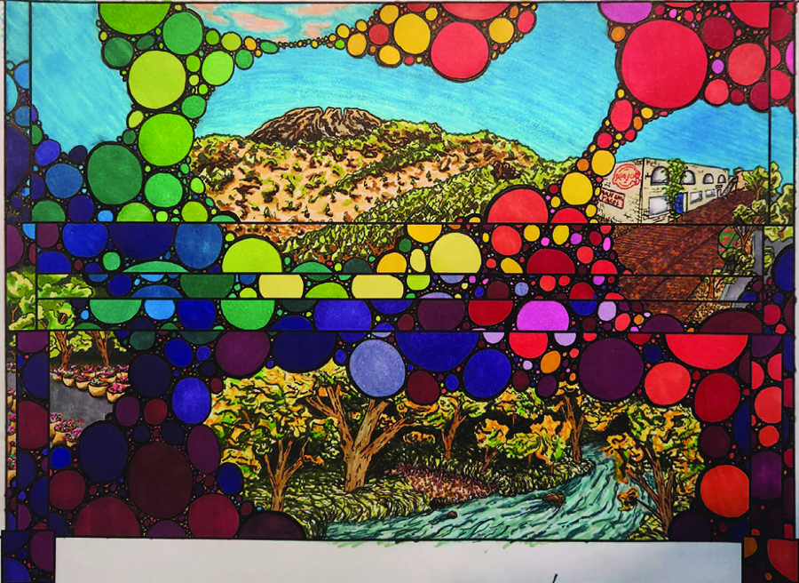Henry Hanes' piano mural design showing landscape and colored circles