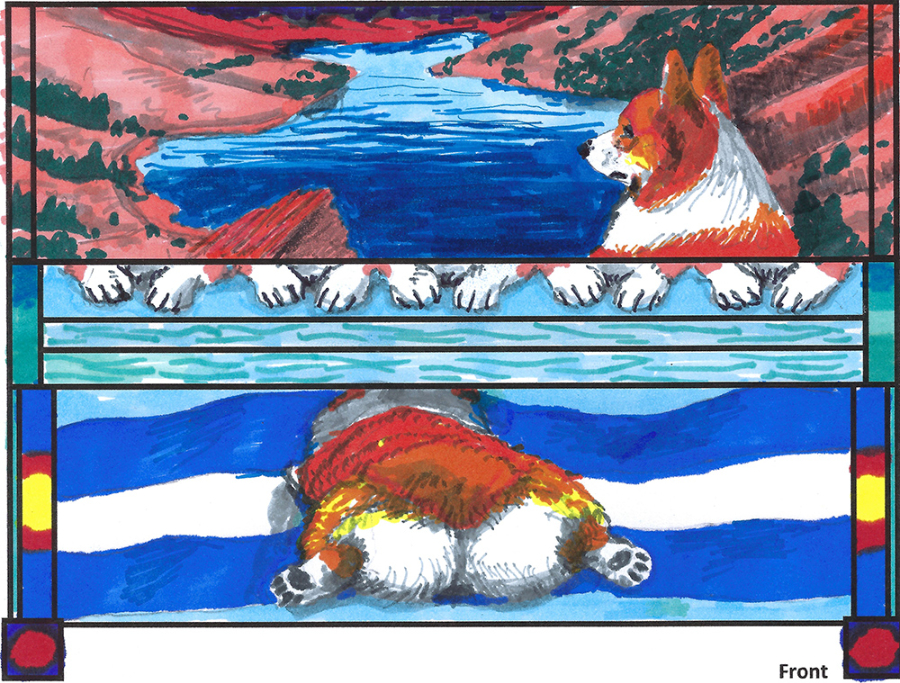 Ben Hatcher's piano mural design featuring a corgi looking at a river, paws , and laying with its head facing away