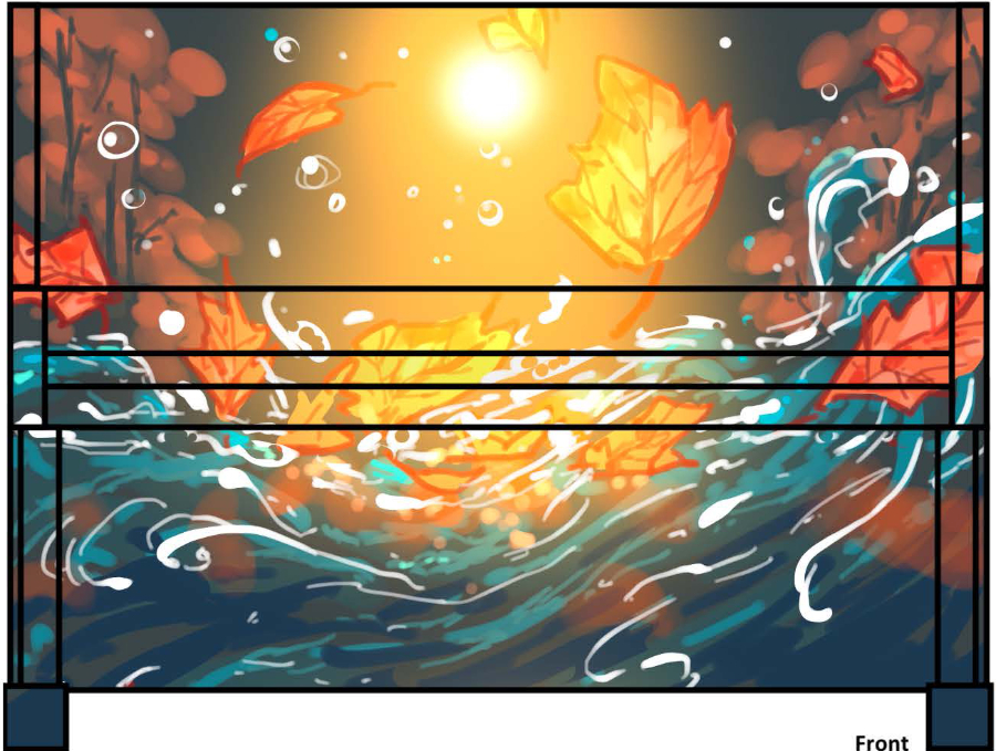 Emily Ku's piano mural design of fall leaves on water with the sun shinning above