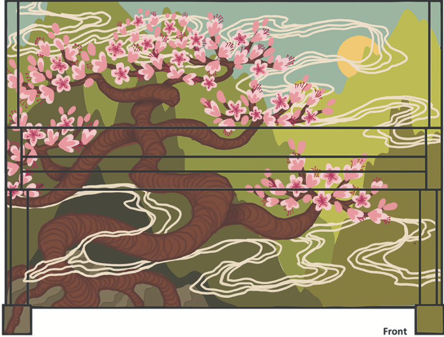 Chyna Mapel's mural design a tree with plink blossoms in front of green hills