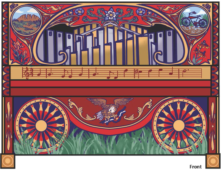 Christina Pruneski's mural design of a calliope instrument with Fort Collins imagery