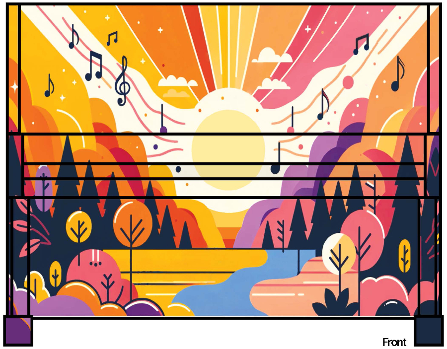 Ryan Sauter's piano mural design of a sun raising over water with trees below