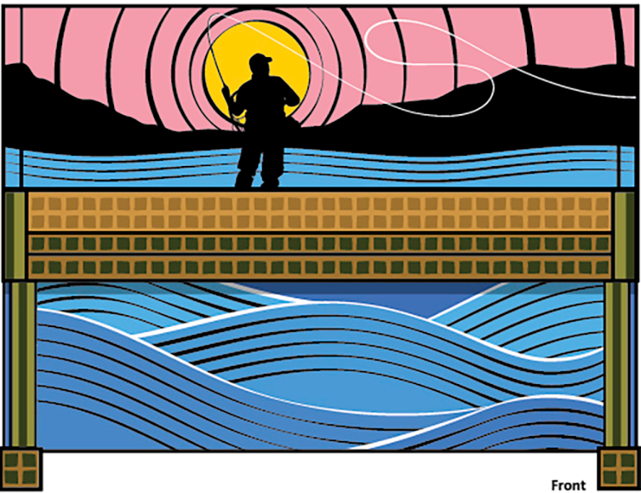 Jessica White's piano mural design of a fisherman silhouette on a pier with a river