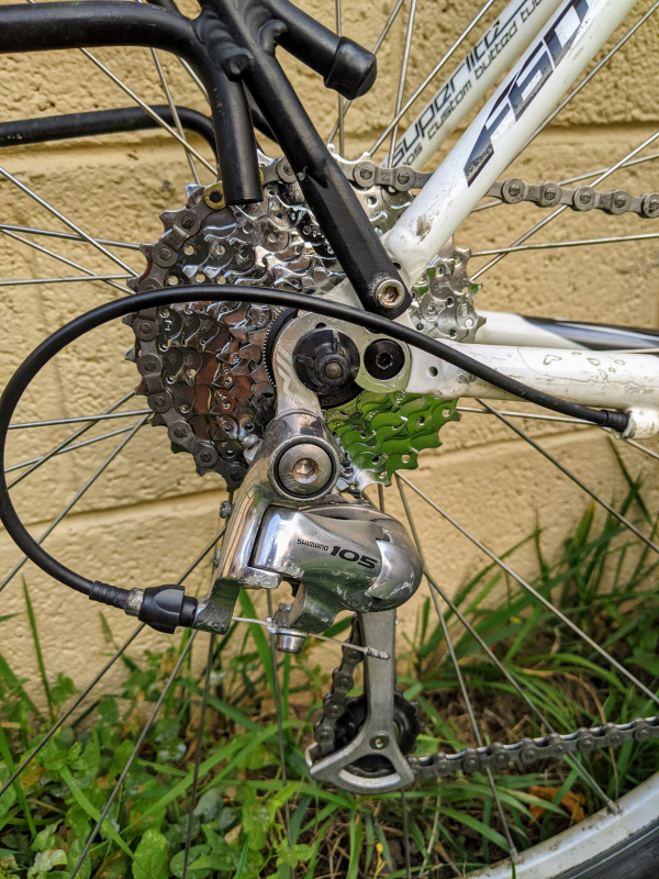 Rear gears and derailleur on a road bike.