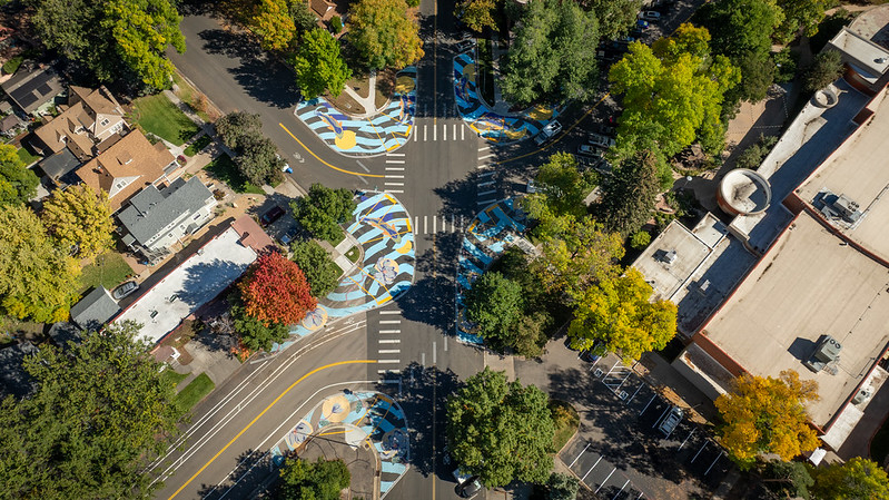 Aerial photo of asphalt art at Canyon/Magnolia/Sherwood after installation.