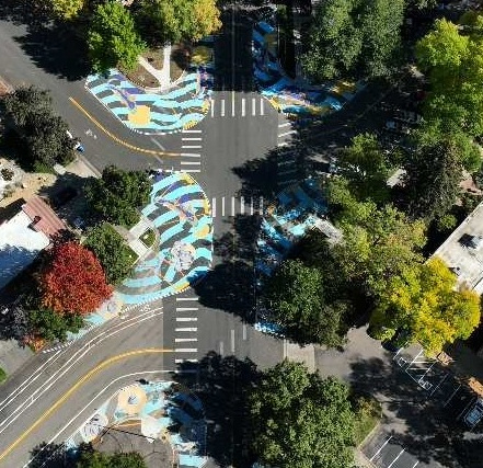 Aerial photo of asphalt art at Canyon/Magnolia/Sherwood.