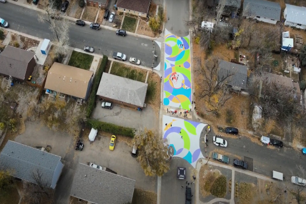 An areal view of a large street painting