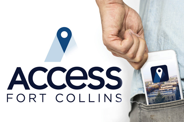 An ad for Access Fort Collins with the app visible on someone's phone in their back pocket