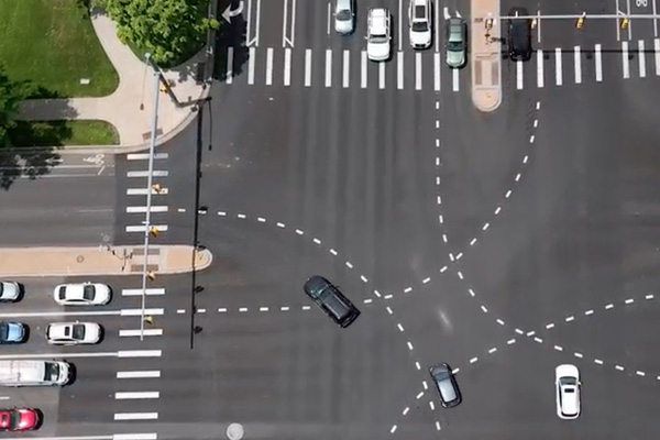 Aerial view of an intersection on Harmony Road.