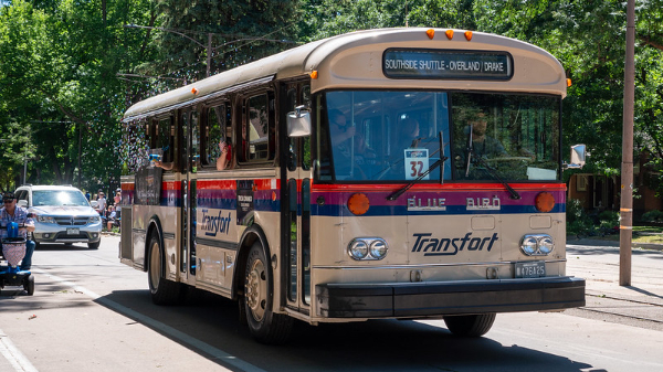 A bus in a parade