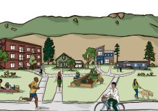 a street scene filled with people enjoying their neighborhood