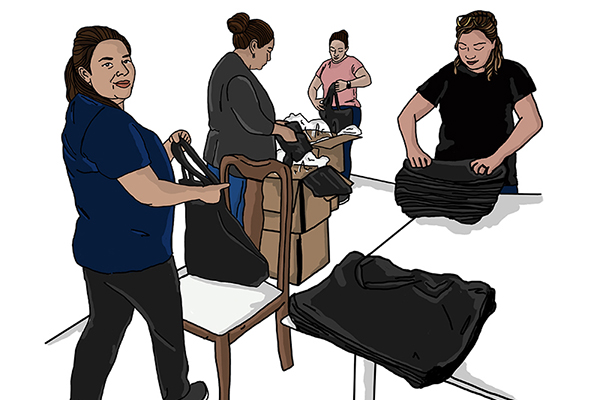 An illustration of Community Consultants working on the reusable bag program.