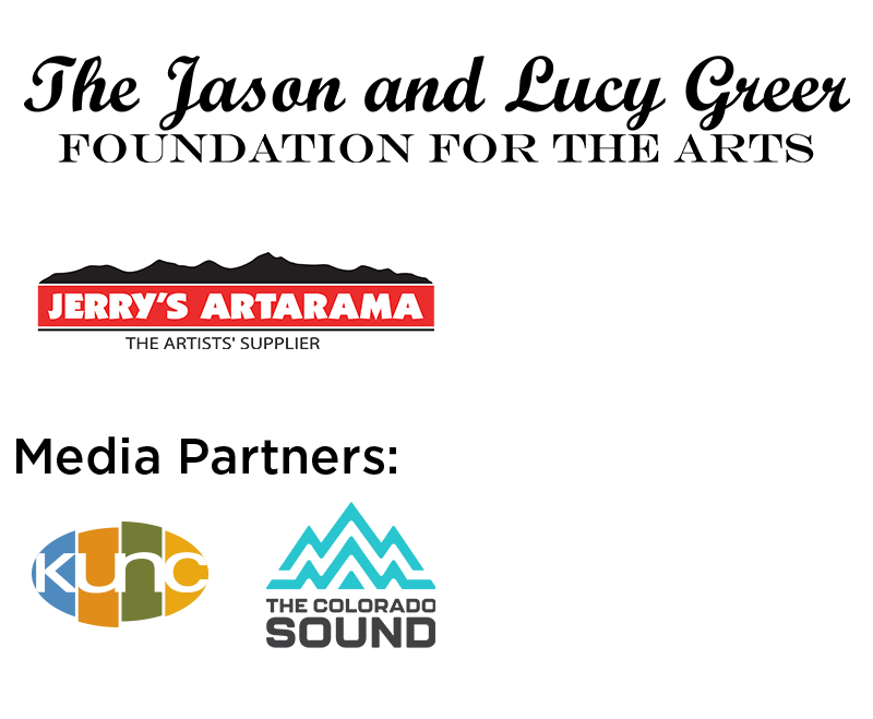 Logos for The Jason and Lucy Greer Foundation for the Arts, Jerry's Artarama, Media Partners KUNC and the Colorado Sound