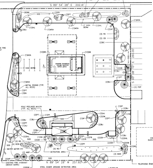 Drawing of a site plan showing a commercial property, parking lot and landscaping