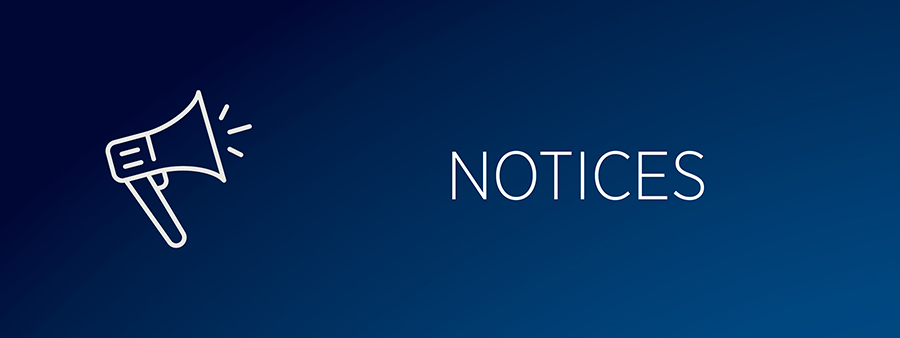 white line drawing of a megaphone against a blue background, text says Notices
