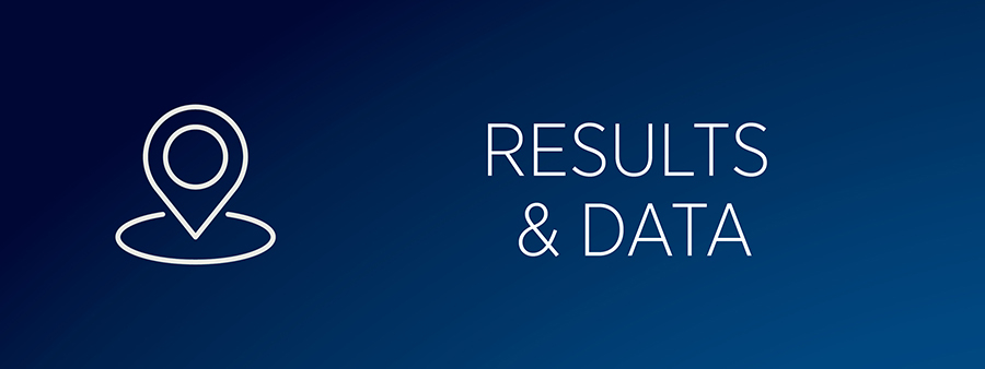 white line drawing of a map pinpoint against a blue background, text says Results & Data