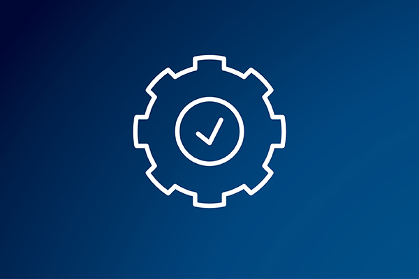 white line drawing of a gear against a blue background
