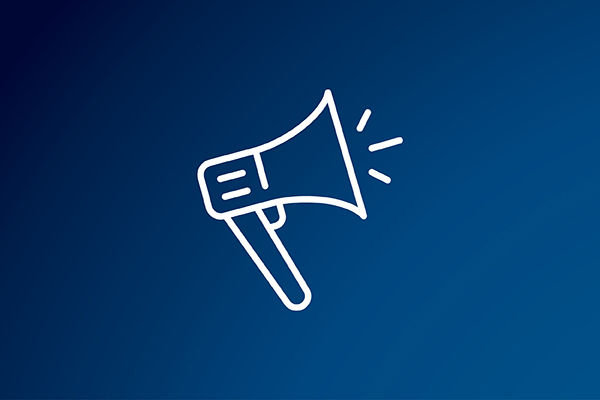 white line drawing of a megaphone against a blue background