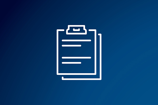 white line drawing of a clipboard against a blue background