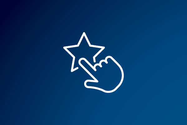 white line drawing of a finger pushing a star button against a blue background