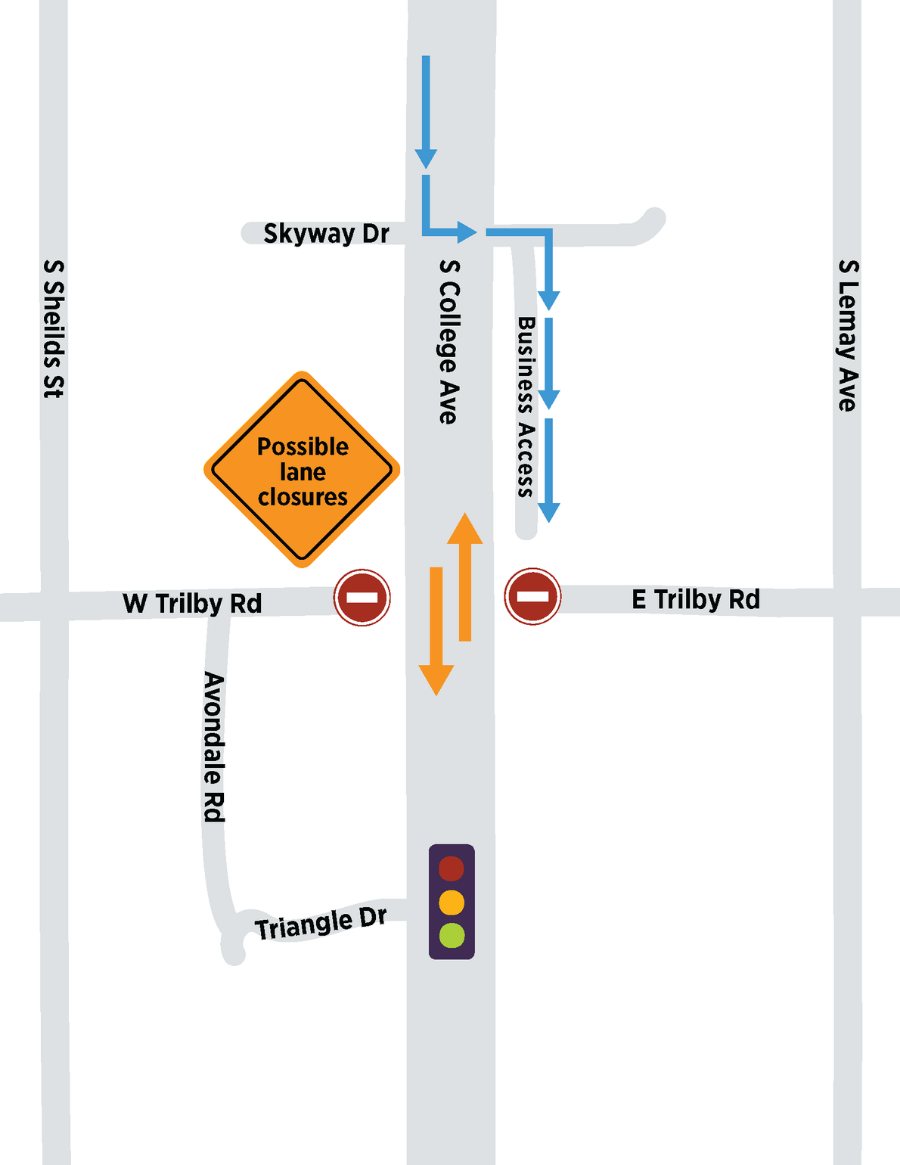 A map showing a detour for businesses on the east side of College using Skyway Drive.