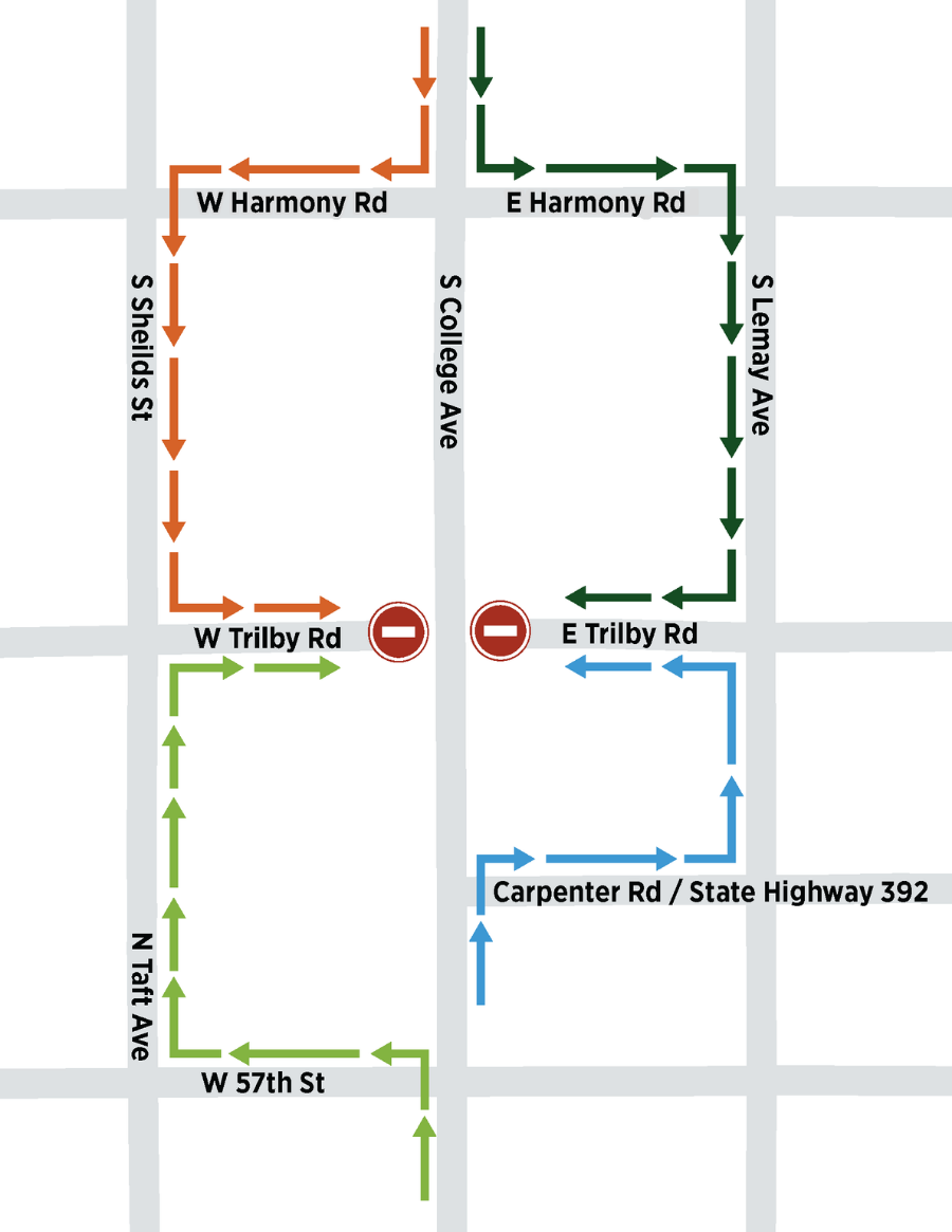 A map showing detour routes during the closure of Trilby Road at College Avenue until Spring 2026.