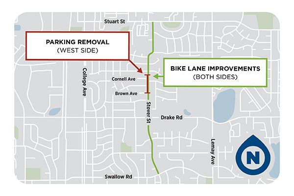 map depicting parking removal on west side of Stover St. from Cornell Ave. to Brown Ave.