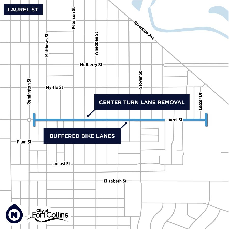 map of buffered bike lanes and center turn lane removal on Laurel Street from Remington Street to east of Lesser Drive