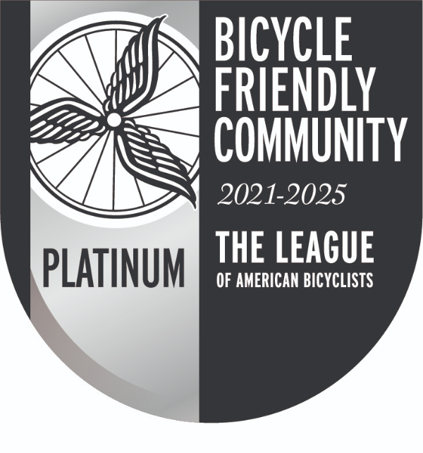 Logo saying Bicycle Friendly Community 2021-2025, The League of American Bicyclists, Platinum