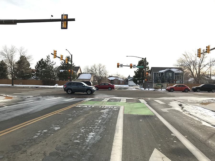 Approaching intersection from the north, looking south.