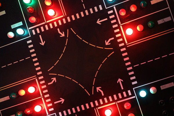 Traffic operations signal board, lit up.