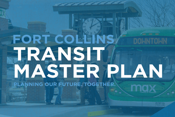 Front page of the Transit Master Plan, featuring a Max bus at the Downtown Transit Center