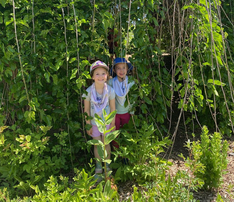kids in the Children's Garden weeping trees