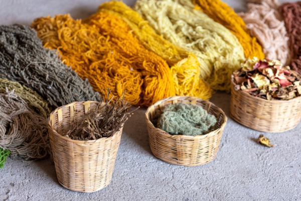 Naturally dyed fabric with their plants in baskets in front