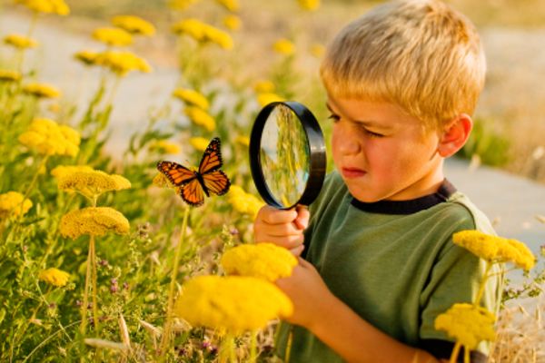 child looking through magnifying glass