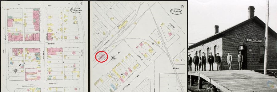 two 1891 Sanborn maps and, at right, a photo of the first Colorado & Southern depot