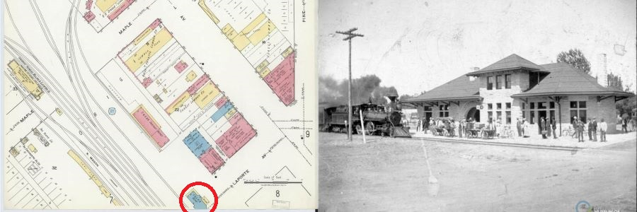 1917 sanborn map on left w 1899 image of stone C&S passenger depot on right