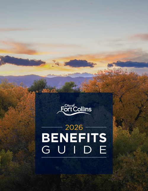 2026 Benefits Guide cover featuring a scenic view of the foothills with views of City Park pool and lake in front of them