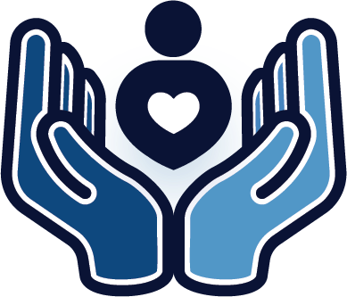 The benefits logo features two hands held up to enclose a figure of a person with a heart in the middle