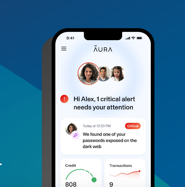 An image of a phone showing the Aura app on the screen an a notification that there is a critical alter