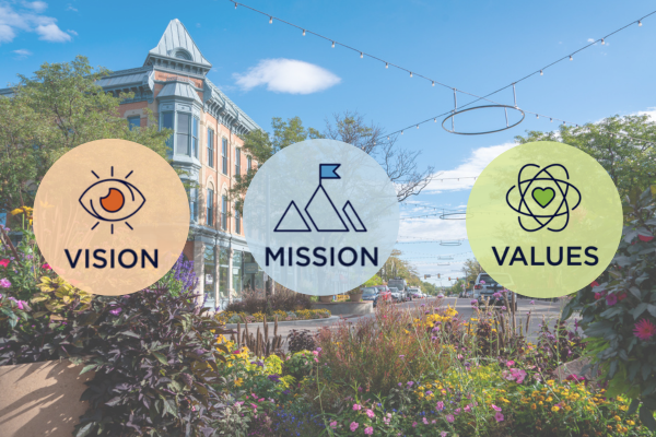 image of Linden Street layered with the words vision, mission and values over top