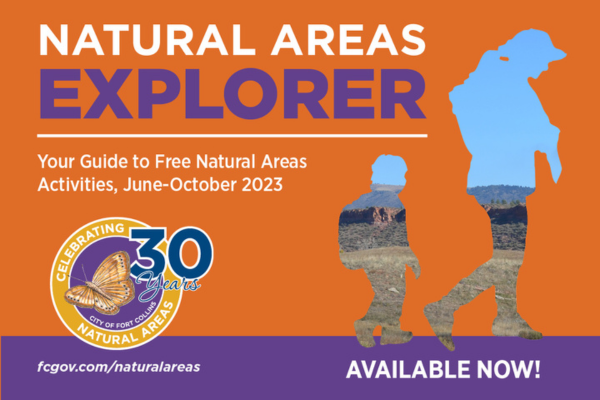 Graphic reading "natural areas explorer" with cut out image of child and parent walking in line