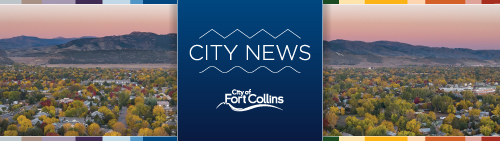 aerial of Fort Collins at sunset and Fort Collins City logo with text: City News