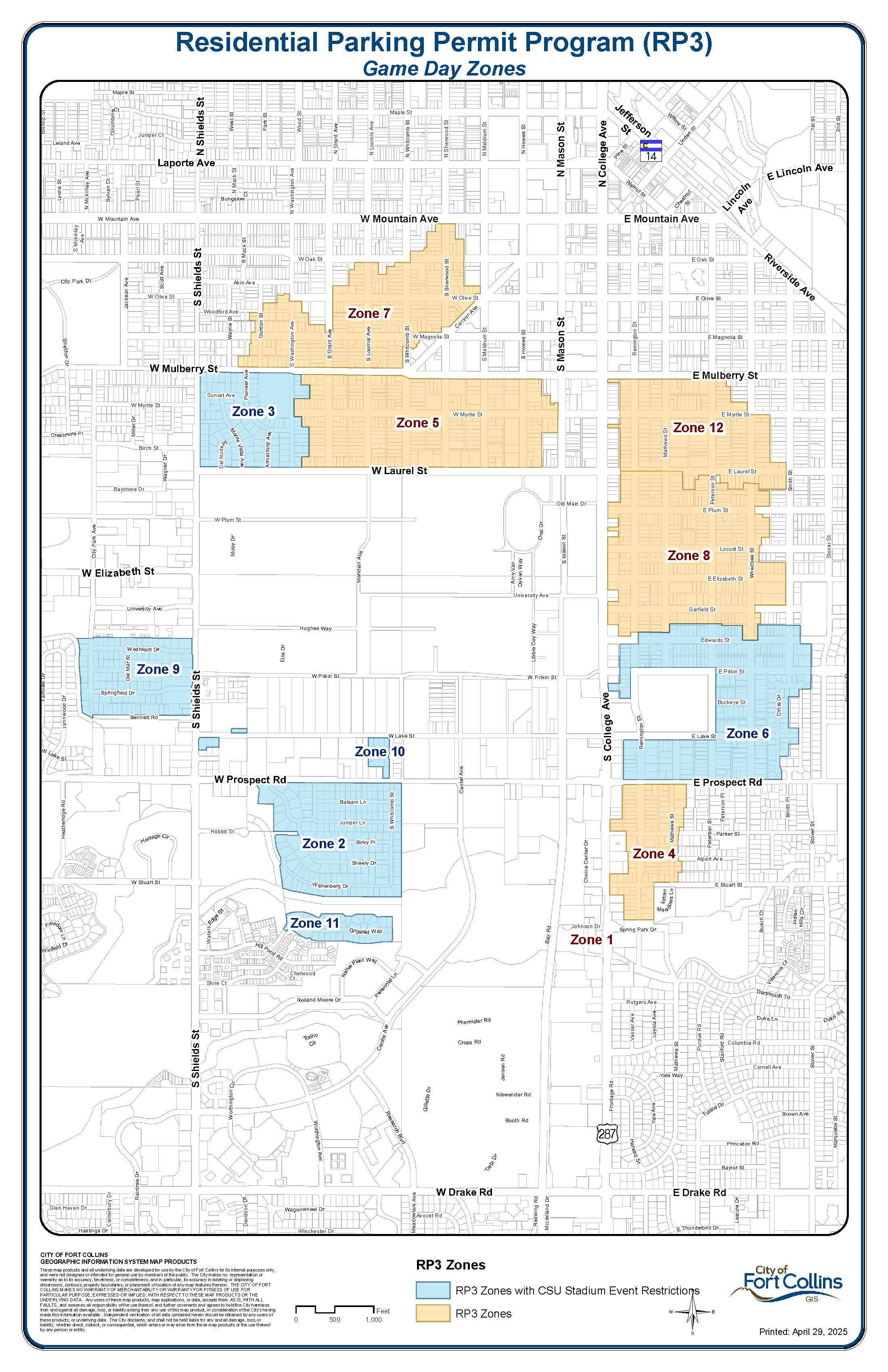 A map of residential parking permit program (RP3) zones around CSU color coded to show zones with game day restrictions.